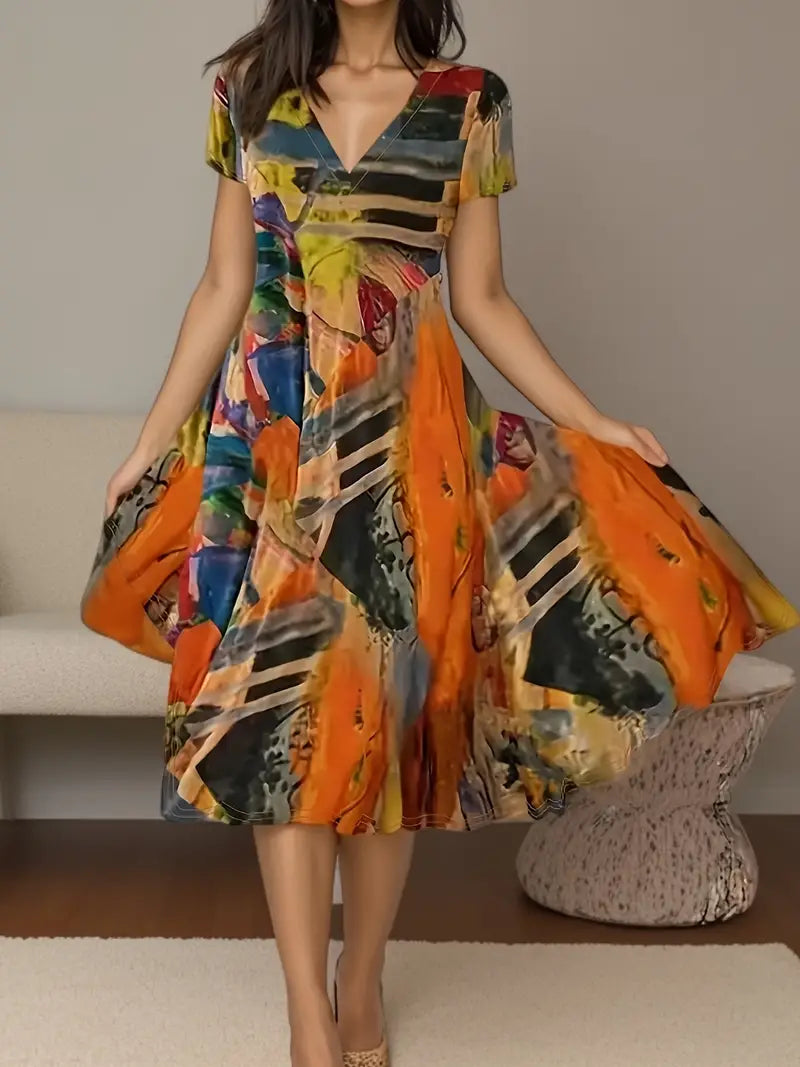 Mitzi - Böhmisches, lässiges, kurzärmliges Kleid mit V-Ausschnitt