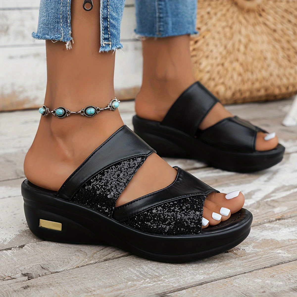 Keilabsatz Pailletten Sandalen Bequeme Sommerschuhe