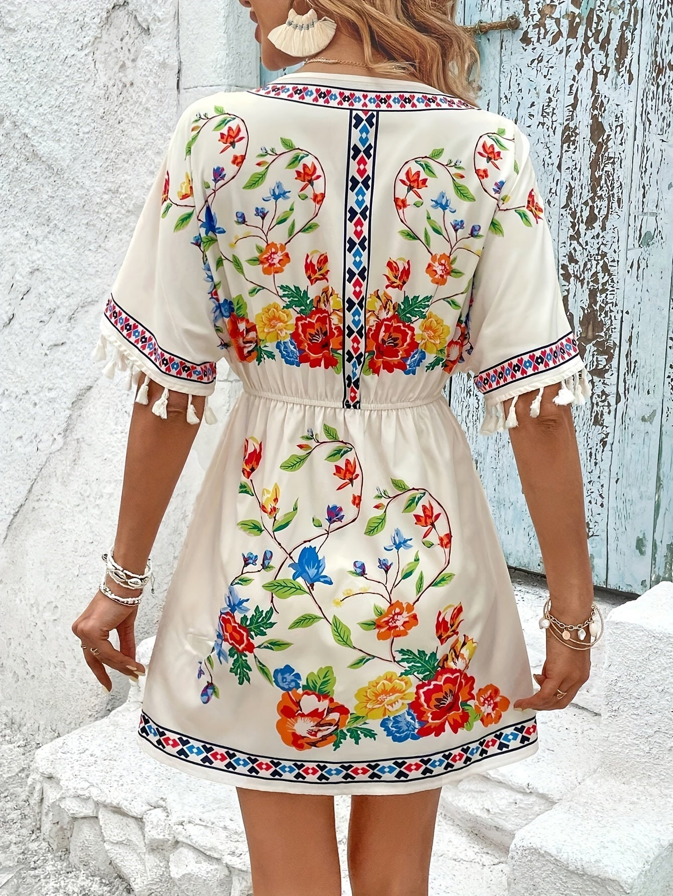 Elegantes Tassel Blumenmuster V-Ausschnitt Kleid für Damen