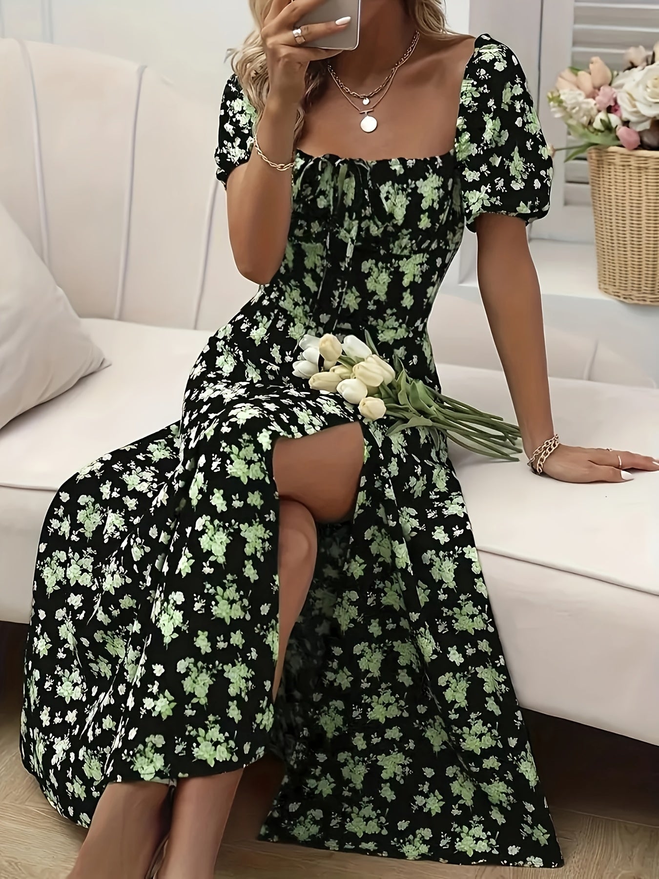 Kleid mit geblümten Puffärmeln in A-Linie Chic Split Hem für Frühling & Sommer