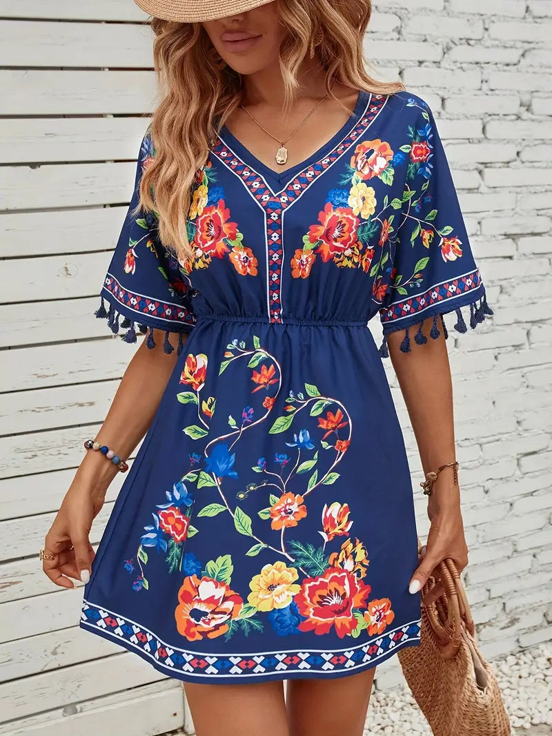 Elegantes Tassel Blumenmuster V-Ausschnitt Kleid für Damen