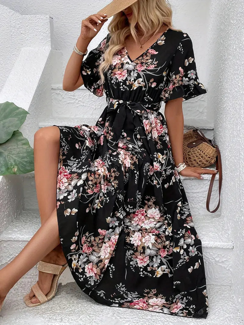 Gegürtetes Kleid mit Blumenmuster und V-Ausschnitt