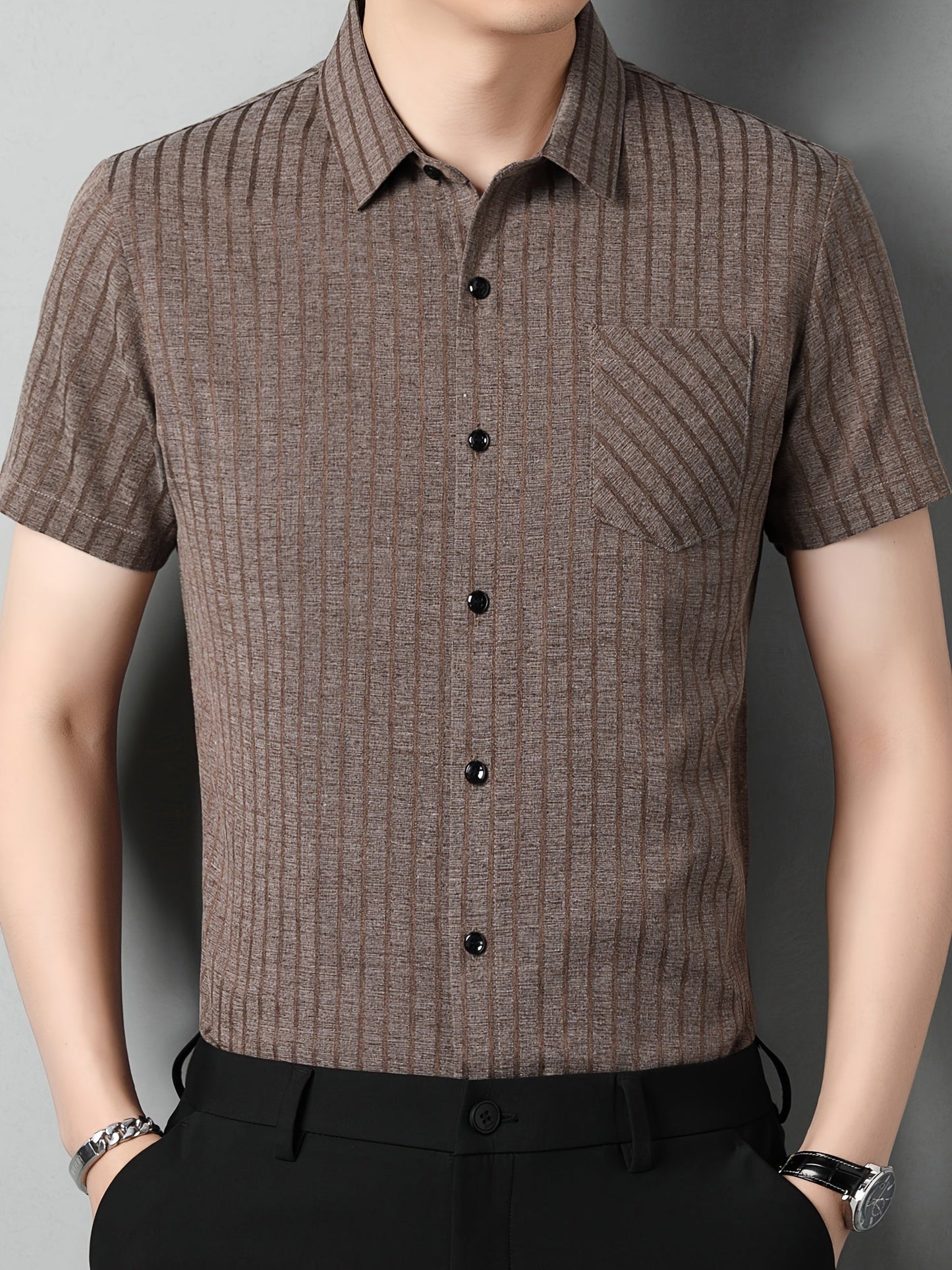 Stilvolles Herren Kurzarm-Leinenhemd – Streifenmuster, Regular Fit, sommerlich