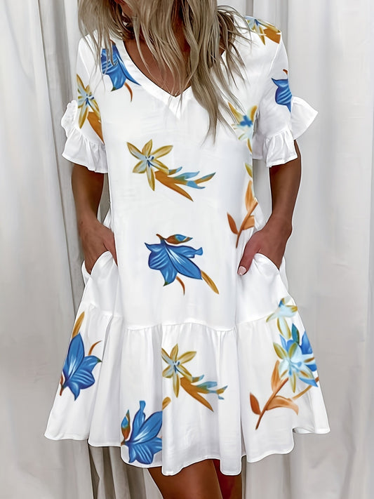 Kleid Frecher Ausschnitt mit Taschen Kurze Ärmel Geripptes Polyester Einfarbig Sommer