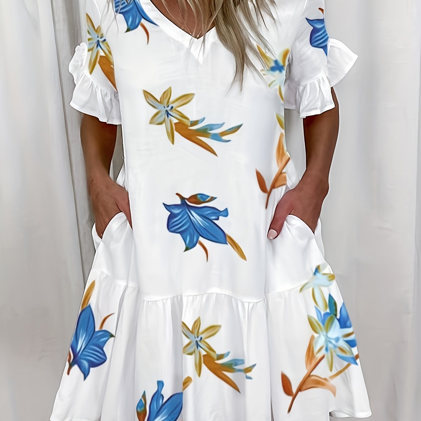 Kleid Frecher Ausschnitt mit Taschen Kurze Ärmel Geripptes Polyester Einfarbig Sommer