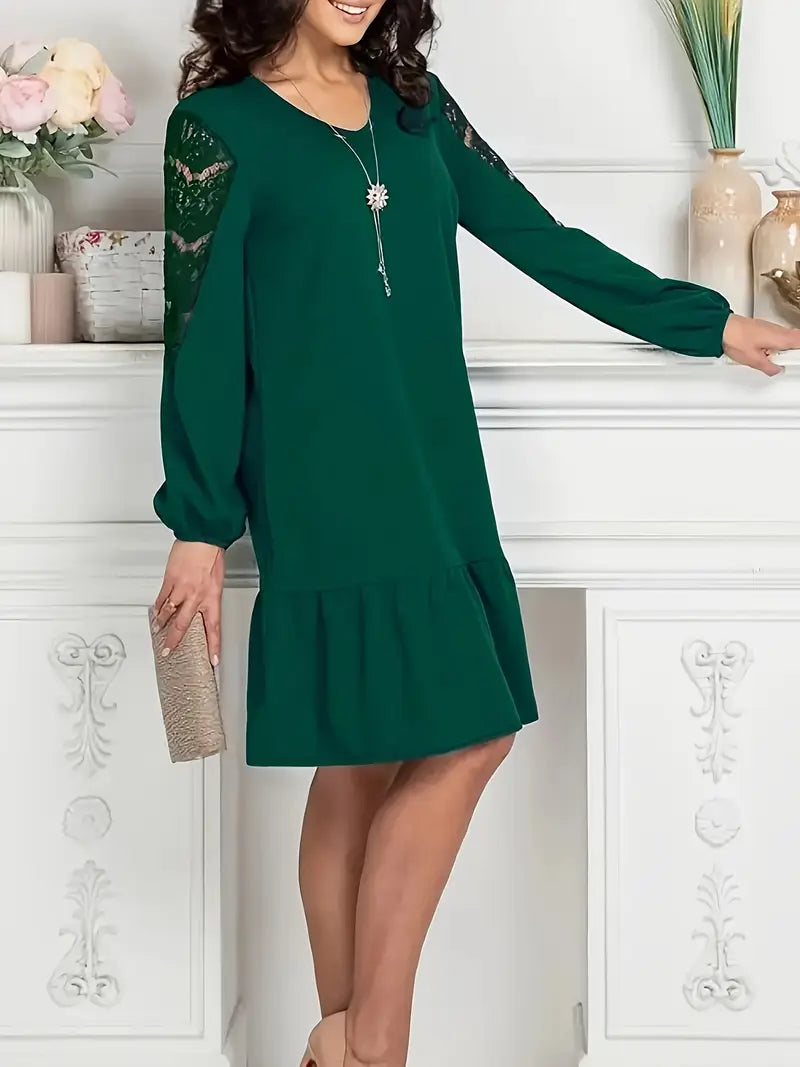 Midi-Kleid mit Stehkragen, Langarm, A-Linie – Solide Farben