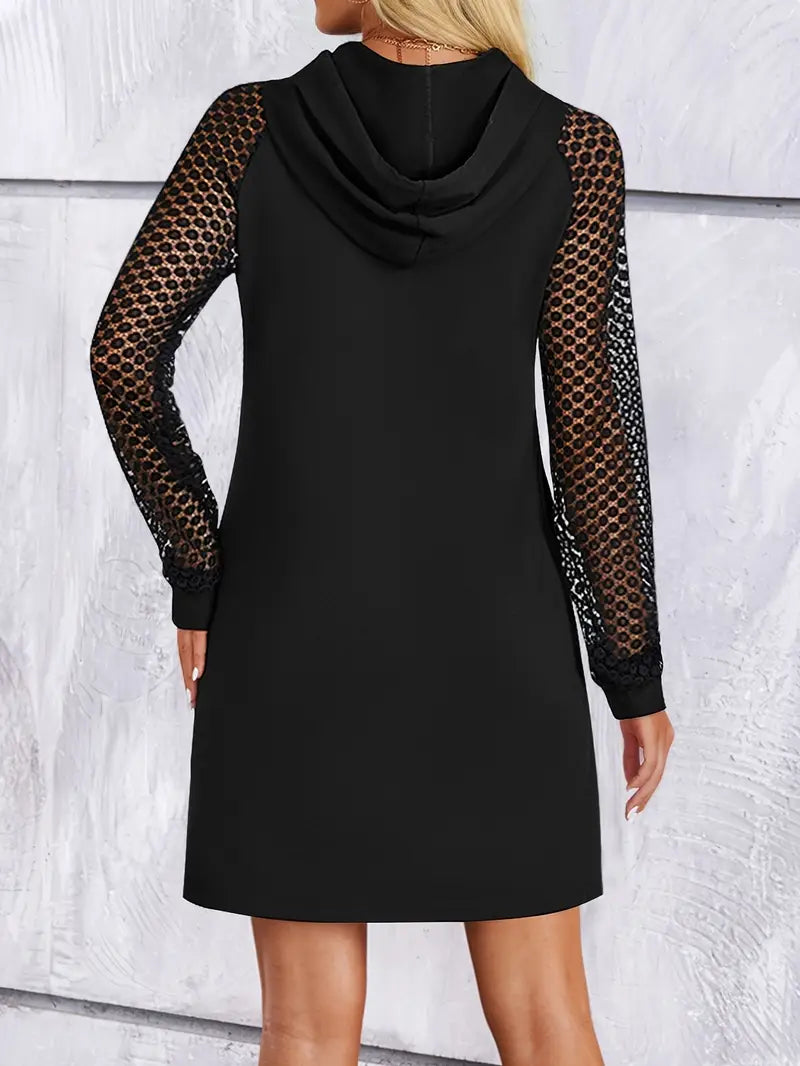 Elegantes Polyester Jersey Kleid mit Kontrast Spitze und Kapuze