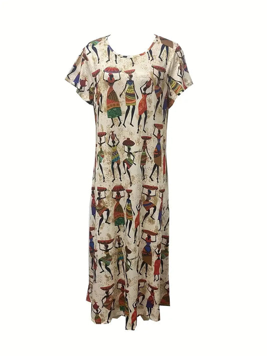 Kurzärmliges Kleid mit Allover-Print und Taschen