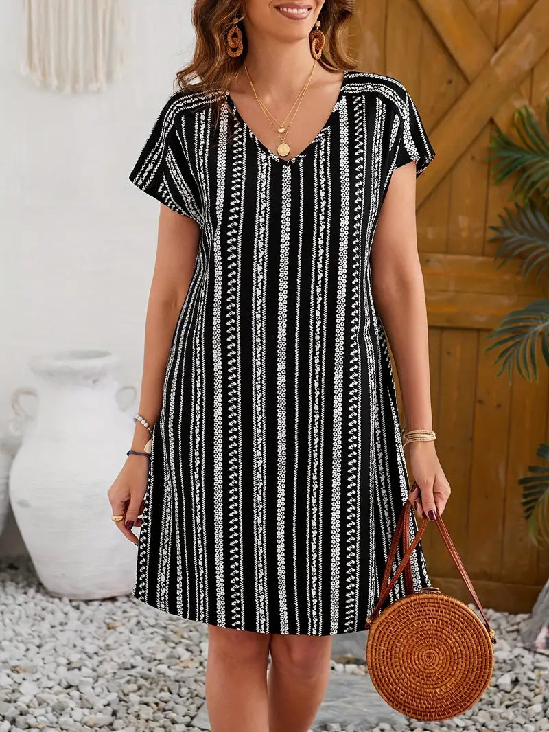 Gestreiftes Kleid mit V-Ausschnitt und kurzen Ärmeln