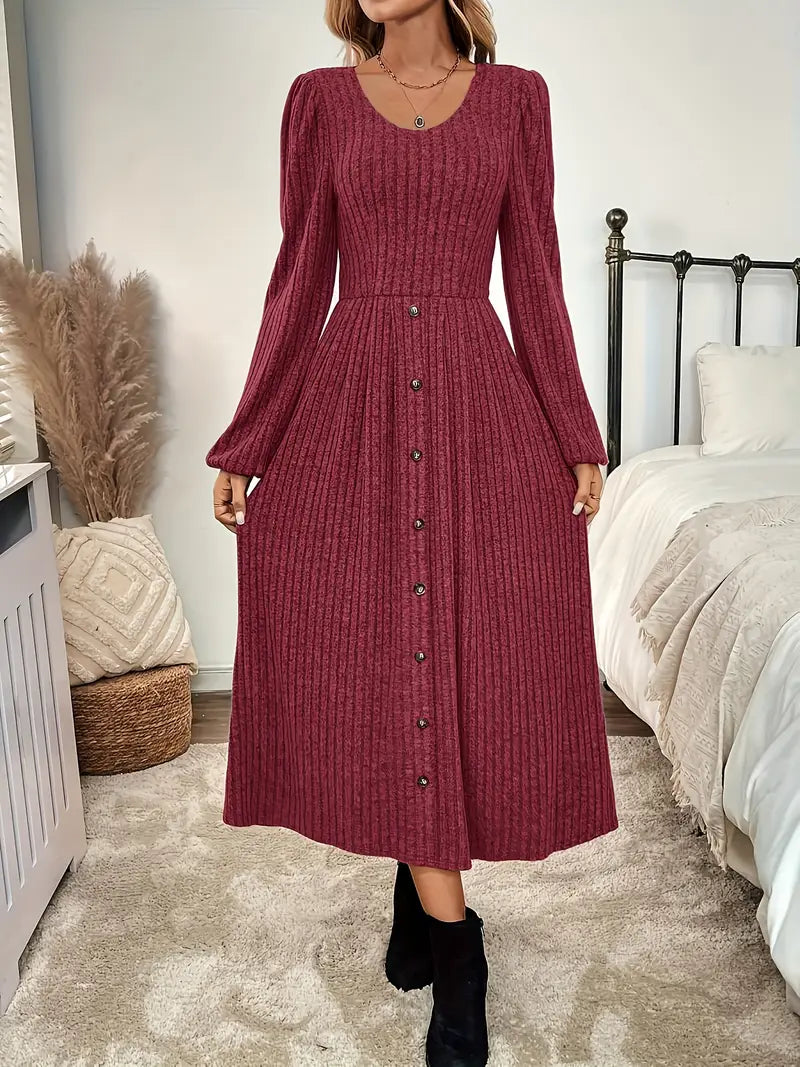 Elegantes A-Linien Strickkleid für Frauen – Stretch Fit mit Fake Knöpfen