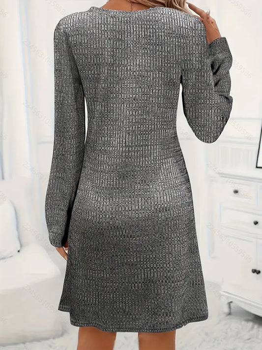 Elegantes Midikleid mit V-Ausschnitt für Frauen - lange Ärmel, Rippenstrick