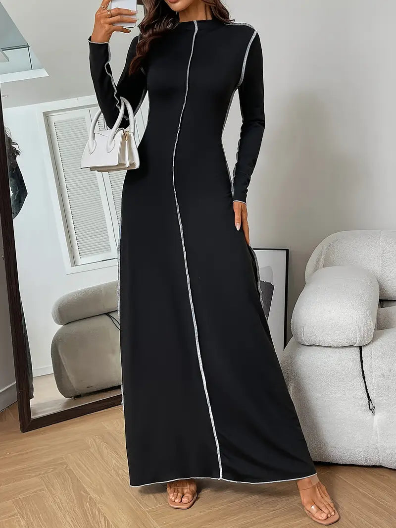 Langarm Kleid mit Stehkragen, Farbblock Design, für Herbst/Winter