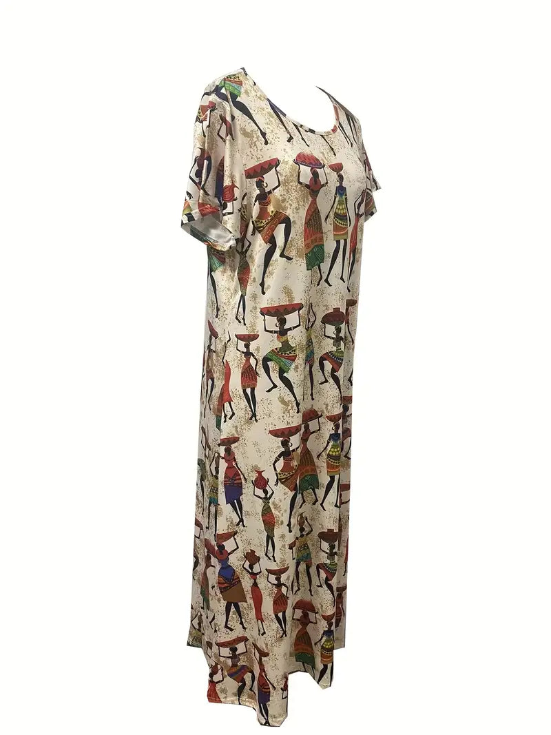 Kurzärmliges Kleid mit Allover-Print und Taschen