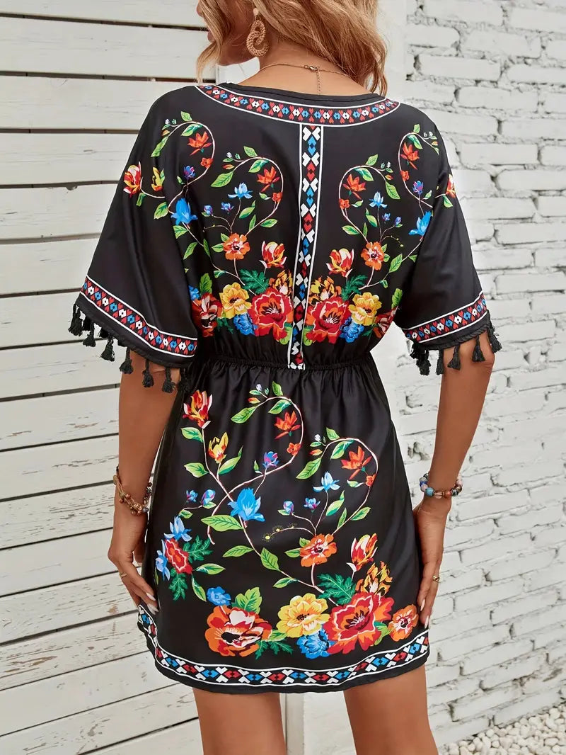 Elegantes Tassel Blumenmuster V-Ausschnitt Kleid für Damen