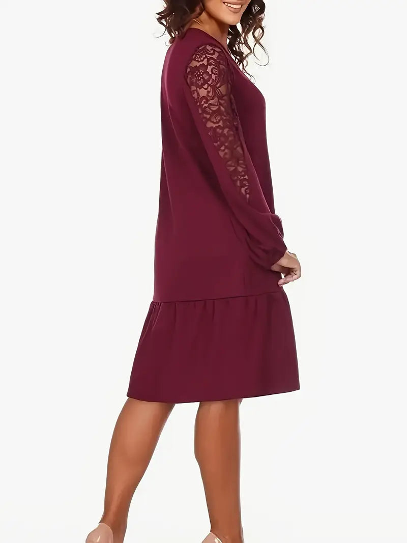 Midi-Kleid mit Stehkragen, Langarm, A-Linie – Solide Farben