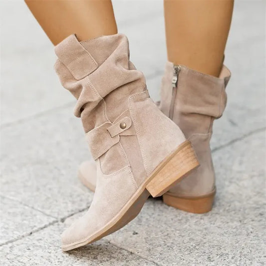 Avice - Lässige niedrige Absätze Runde Plus Größe Faux Stiefel